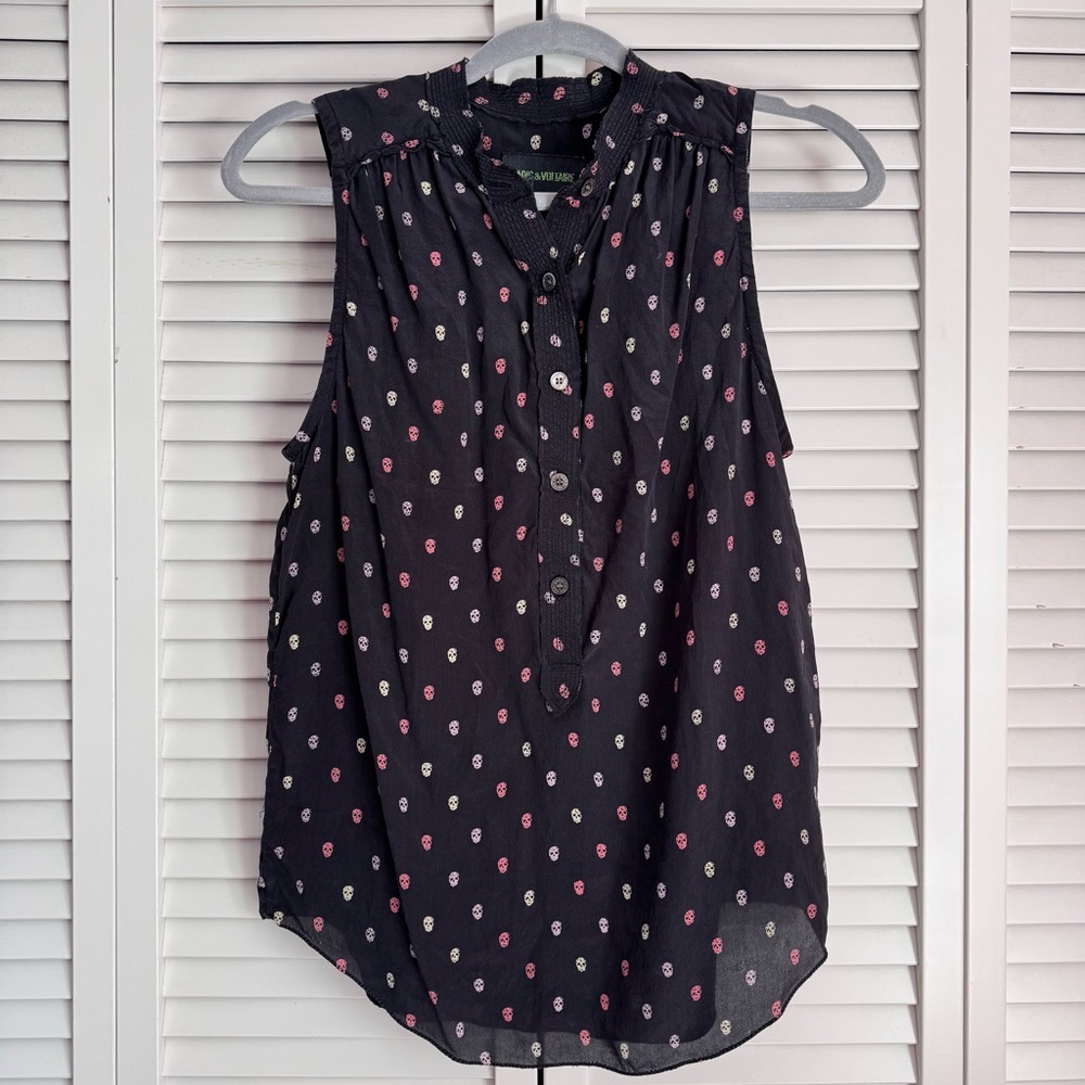 Zadig & Voltaire Silk Scull Print Sleeveless Blouse Top Washed Black Size Small